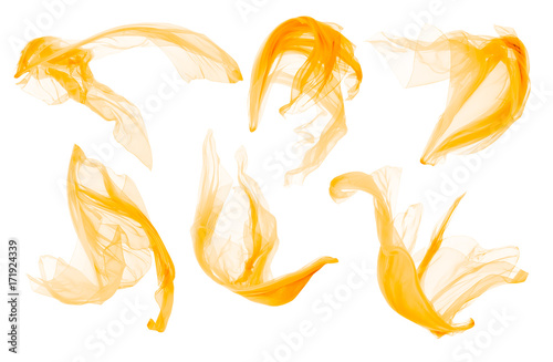 Fabric Cloth Flowing on Wind, Flying Blowing Yellow Silk, Isolated over White Background