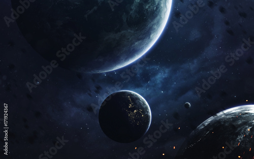 Fototapeta Naklejka Na Ścianę i Meble -  Endless universe, science fiction image, dark deep space with giant planets, hot stars, starfields. Incredibly beautiful cosmic landscape . Elements of this image furnished by NASA
