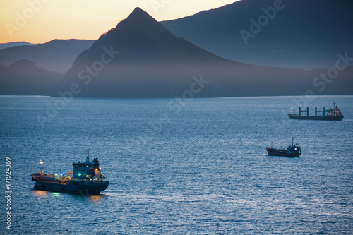 Nautical ships in a harbor at early morning. Tanker ship anchored in the sea bay. © mihailgrey