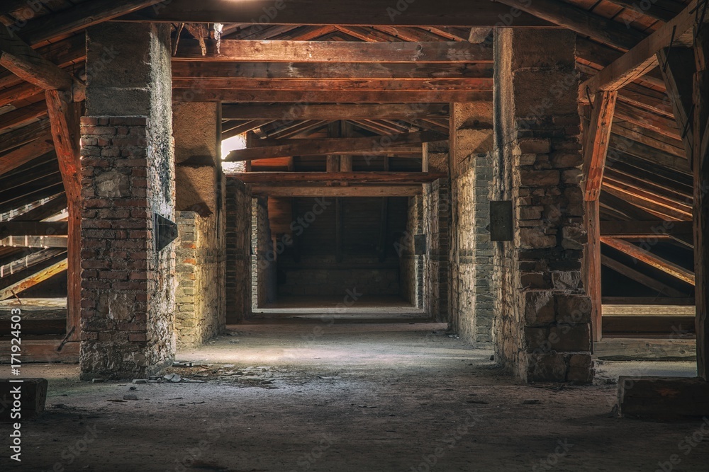 Creepy attic interior at abandoned building Creepy attic interior at abandoned building