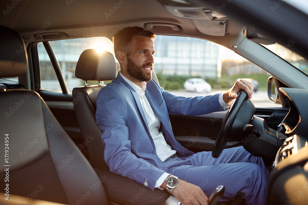 businessman going on business trip by car. businessman going on business trip by car.