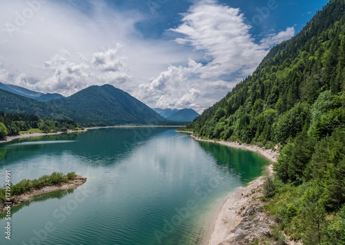 The mountain lake Sylvenstein lake in Bavaria, Germany