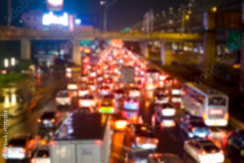 Blur city night traffic jams on road in Bangkok Thailand