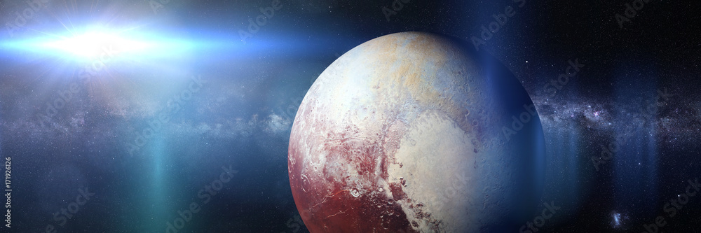 Naklejka premium dwarf planet Pluto in front of the beautiful bright Milky Way galaxy and the Sun