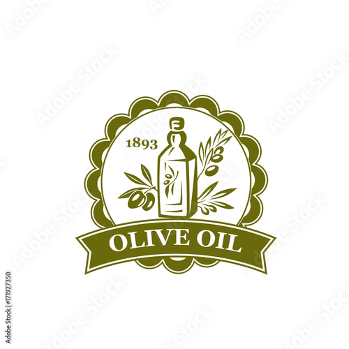 Olive branch with oil bottle round label design