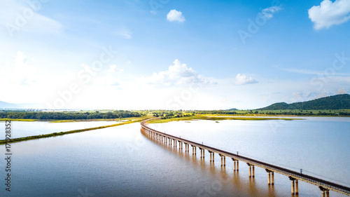 Aerial Photo Railway Curve Track to the mountains is located on the River Pasak River Dam,Lopburi Thailand