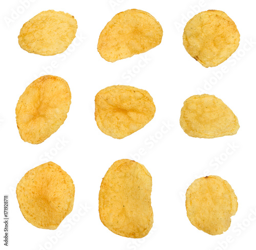 Nine different potato chips isolated on white. Top view.