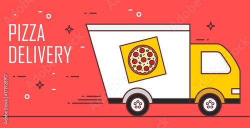 Vector banner for delivery of pizza. Thin line flat design card.