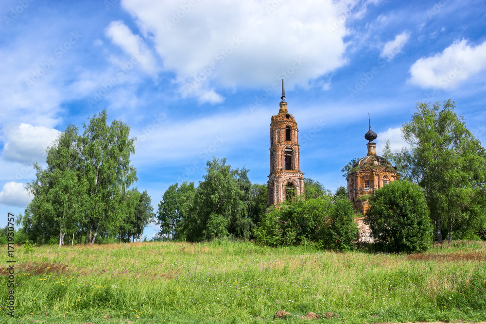 Old abandoned red brick church in Samara region, Russia
