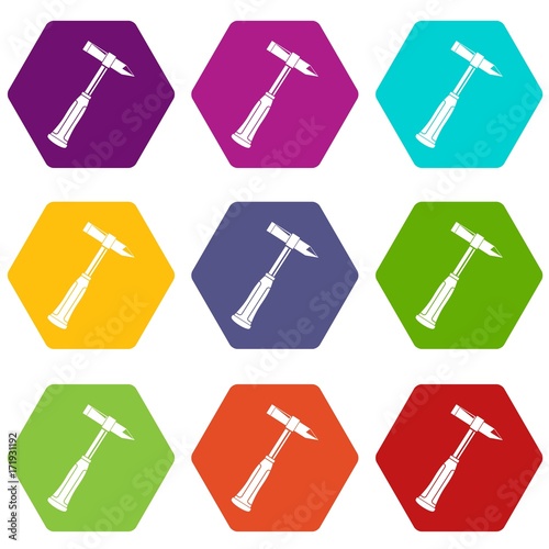 Hammer slag of welder icon set color hexahedron