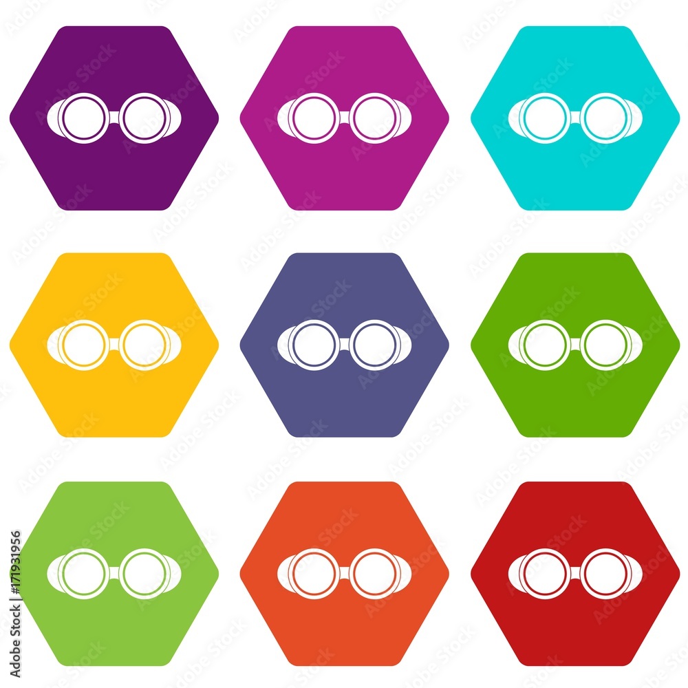 Welding glasses icon set color hexahedron Welding glasses icon set color hexahedron
