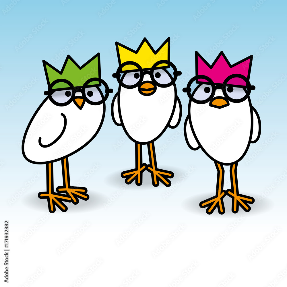 Three White Chicks Wearing Party Hats and Black Round Spectacles