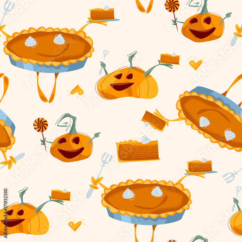 Smiling Pumpkin Pie and Pumpkins. Seamless background pattern.