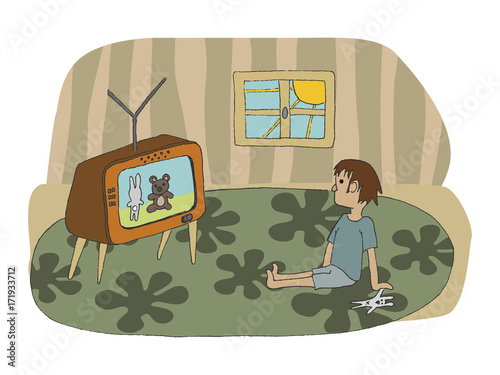 vector hand drawn illustration of a kid stting on the floor and watching tv