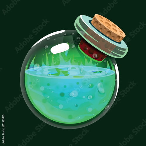 Bottle of acid. Game icon of magic elixir. Interface for rpg or match3 game. Big variant.