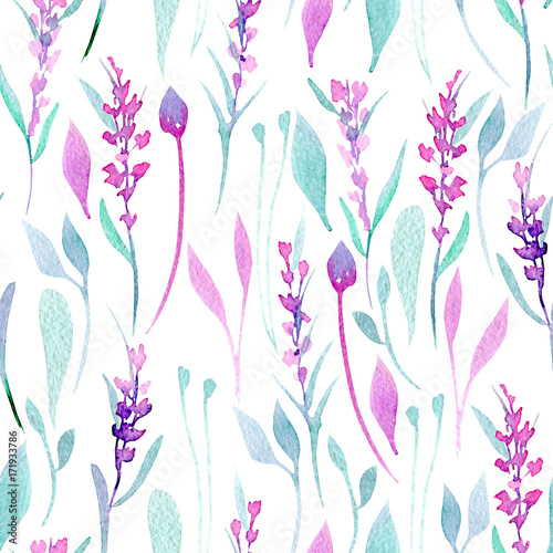 Seamless pattern with watercolor simple lavender, purple and mint plants, hand painted on a white background