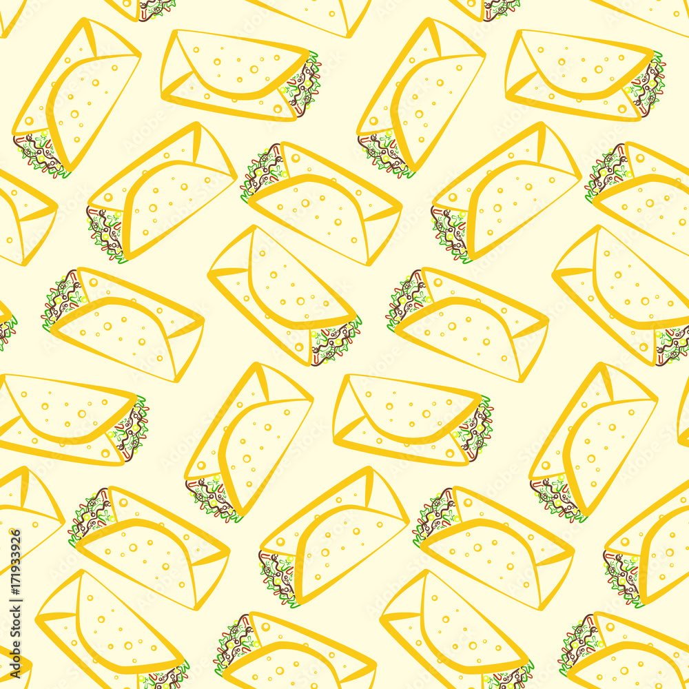 Seamless pattern with colorful cartoon outline burritos. Minimalistic