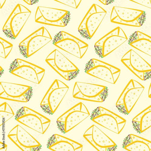 Seamless pattern with colorful cartoon outline burritos. Minimalistic flat linear mexican burrito texture for fast food restaurant or cafe menu design, background, wallpaper, cover, wrapping paper