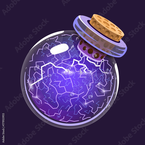 Bottle of Electricity. Game icon of magic elixir. Interface for rpg or match3 game. Energy, lightning, electric. Big variant.