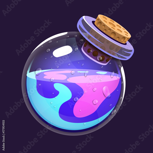 Bottle of magic. Game icon of magic elixir. Interface for rpg or match3 game. Blue and violet. Big variant.