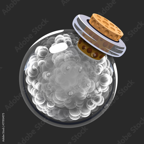 Bottle of smoke. Game icon of magic elixir. Interface for rpg or match3 game. Smoke or clouds. Big variant.