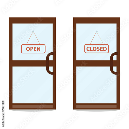 The door with the inscription is open and closed. Two doors