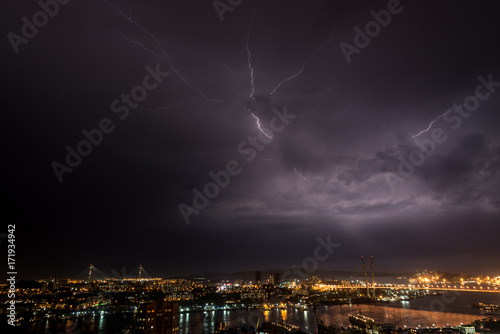 Lightning storm over city.