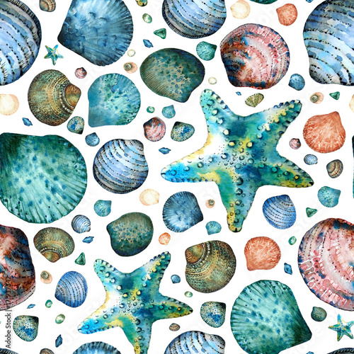 Seamless pattern painted in watercolor with seashells and starfish on a white background. photo