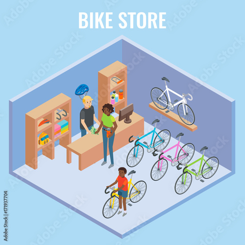 Vector 3d isometric bike shop concept illustration