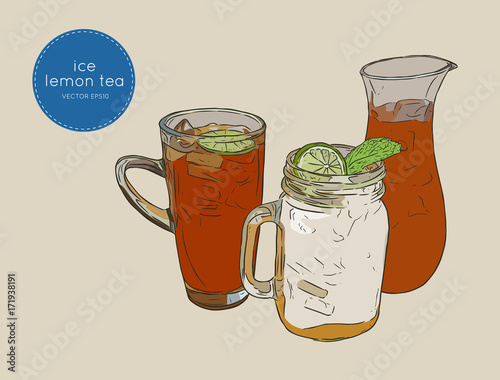 set of iced lemon mint tea , sketch vector.