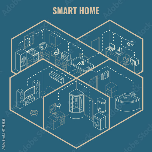 Smart house concept vector 3d isometric blueprint illustration