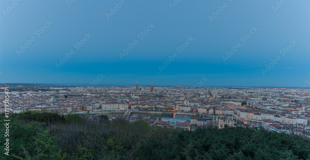 Cityscape of Lyon in Blue Hour. A World Heritage in France