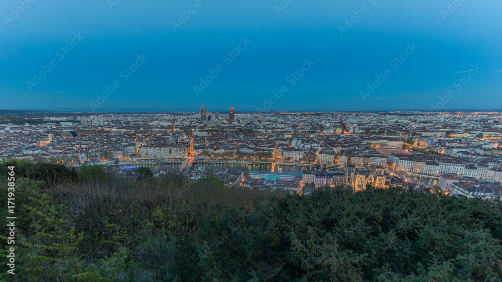 Cityscape of Lyon in Blue Hour. A World Heritage in France