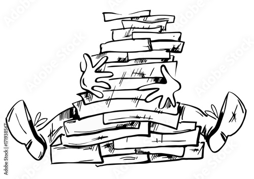 Too much documents or books in the man hands hand drawn illustration isolated. Hands and legs of the man appear from a big pile of books or documents   
