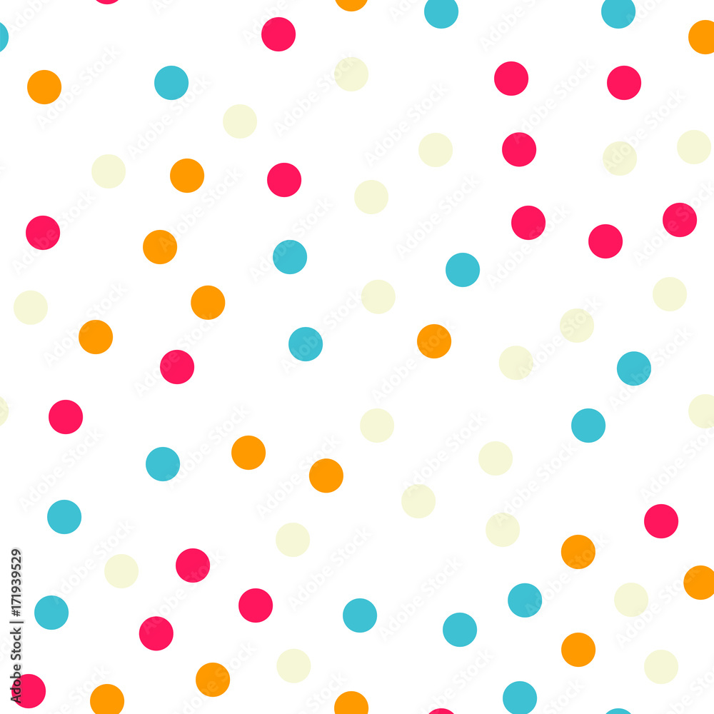 Colorful polka dots seamless pattern on white 18 background. Unique classic colorful polka dots textile pattern. Seamless scattered confetti fall chaotic decor. Abstract vector illustration. Colorful polka dots seamless pattern on white 18 background. Unique classic colorful polka dots textile pattern. Seamless scattered confetti fall chaotic decor. Abstract vector illustration.