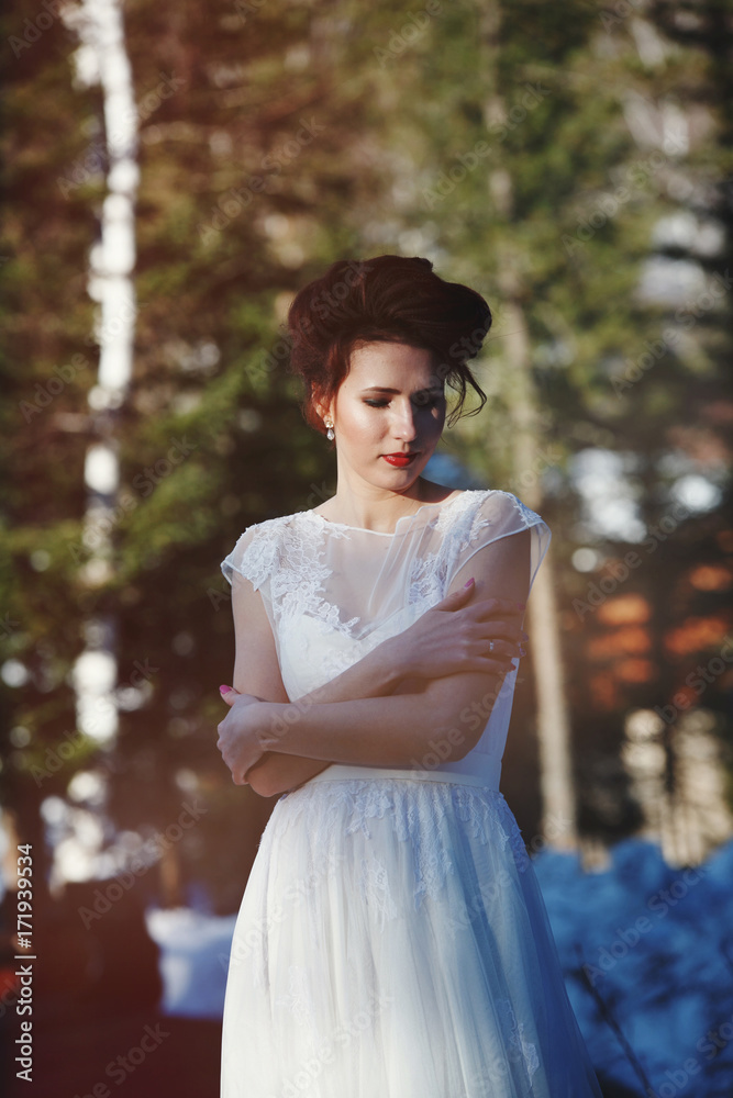 Wedding day in the spring. Beautiful Bride in nature