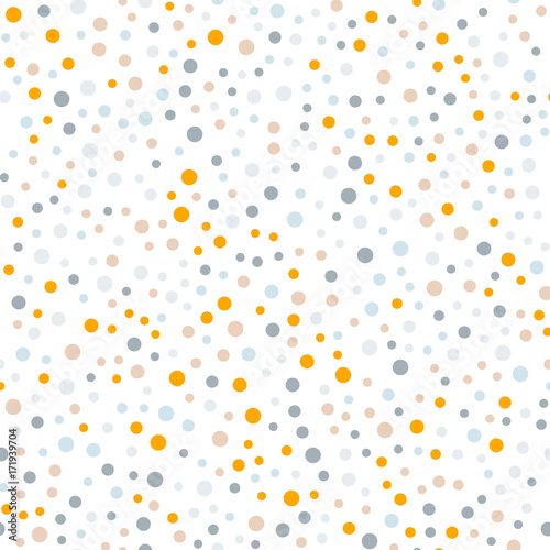 Colorful polka dots seamless pattern on white 7 background. Curious classic colorful polka dots textile pattern. Seamless scattered confetti fall chaotic decor. Abstract vector illustration.