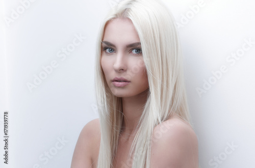 Close-up face of beautiful blonde woman.