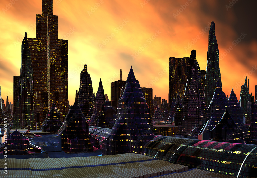 Naklejka premium 3D Rendering of a Fantasy Alien City - 3D Illustration