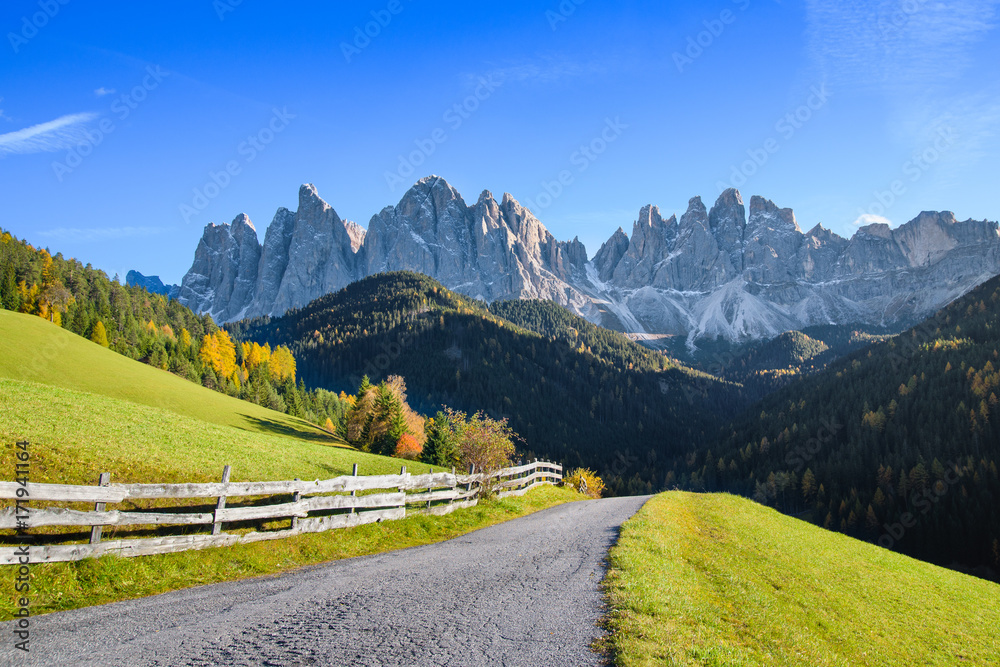 Idyllic italian landscape in autumn, Val di Funes, South Tyrol, Italy
