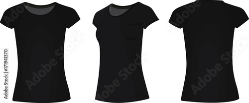 Women classic black t shirt. vector illustration. front, side and back view 