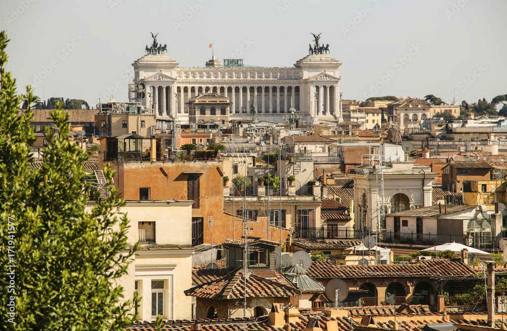 View of the rooftops and the monument to Victor Emmanuel II in the background, Rome, Italy