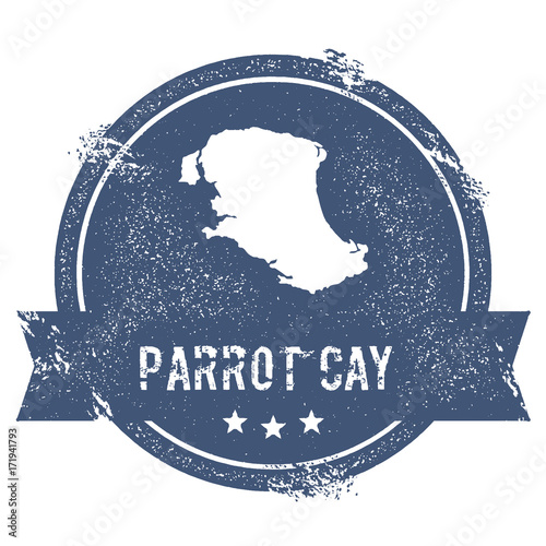 Parrot Cay logo sign. Travel rubber stamp with the name and map of the island, vector illustration. Can be used as insignia, logotype, label, sticker or badge.