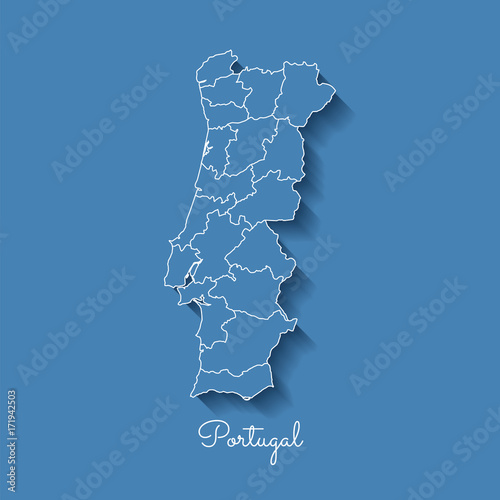 Portugal region map: blue with white outline and shadow on blue background. Detailed map of Portugal regions. Vector illustration.