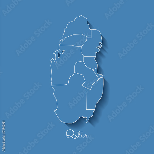 Qatar region map: blue with white outline and shadow on blue background. Detailed map of Qatar regions. Vector illustration.