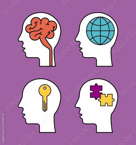 human silhouette head with brain globe puzzle and key vector illustration photo