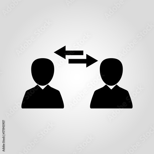 Two persons communication and relationship icon. Two men and arrows icon. Relationship, discussion and exchange of ideas icon.