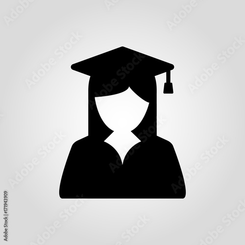 Graduate girl in square cap or hat with tassel vector icon. Female in mortar hat and graduation academic gown