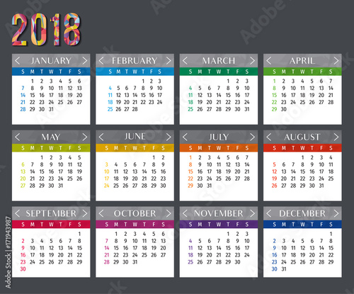 Year 2018 calendar vector template. Modern 2018 calendar. Vector of Calendar 2018 year, 12 month calendar with modern style. Vector template of 2018 calendar