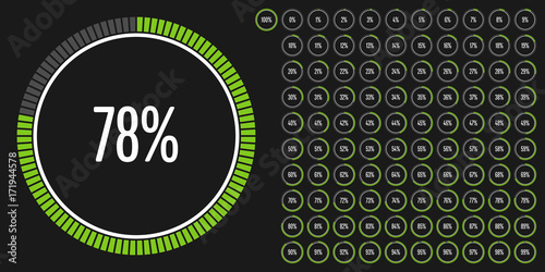 Set of circle percentage diagrams from 0 to 100 ready-to-use for web design, user interface (UI) or infographic - indicator with green